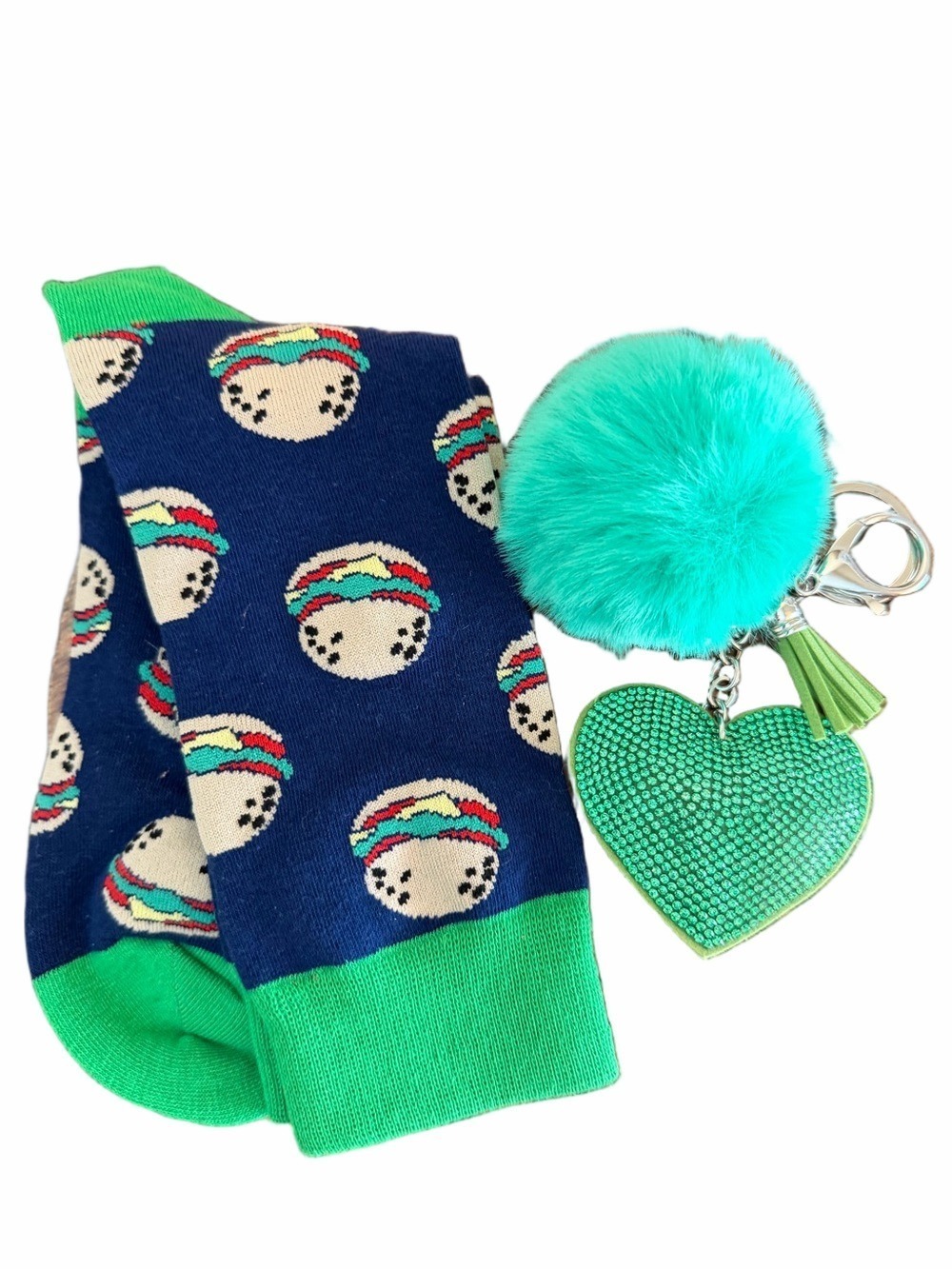 Green Heart and Pom Pom Keychain NWOT